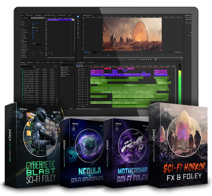 4 sci-fi sound packs containing space ships, atmospheres, robots, aliens and horror